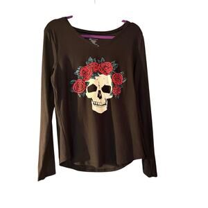 Grunge Whimsy Goth Long Sleeve Black T-shirt Skull Floral Crown XL